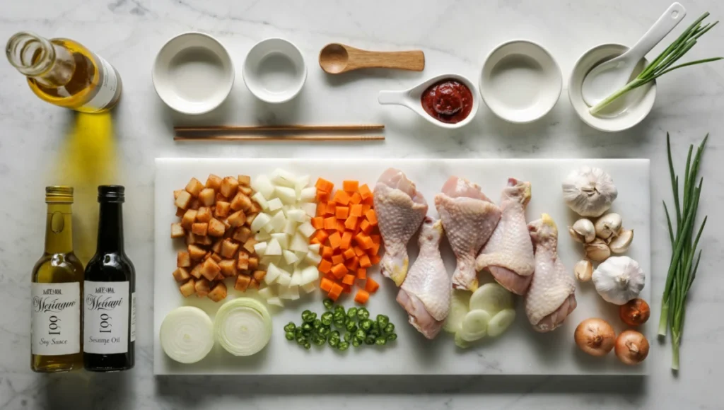 Arranged dakbokkeumtang ingredients like chicken veggies gochujang on white marble countertopArranged dakbokkeumtang ingredients like chicken veggies gochujang on white marble countertop