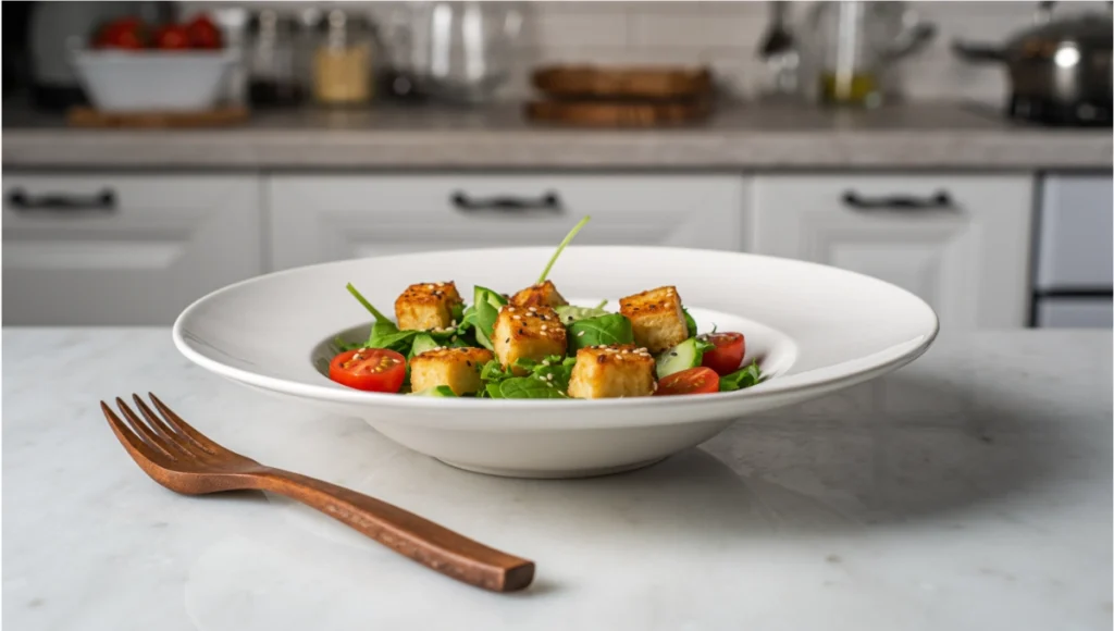 Crispy air fryer tofu croutons topping a fresh green salad with cherry tomatoes and cucumber, healthy vegan meal idea