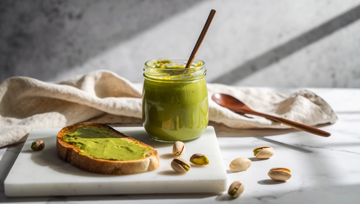 Close-up of creamy homemade pistachio butter in glass jar with spoon and toasted bread on white marble countertop