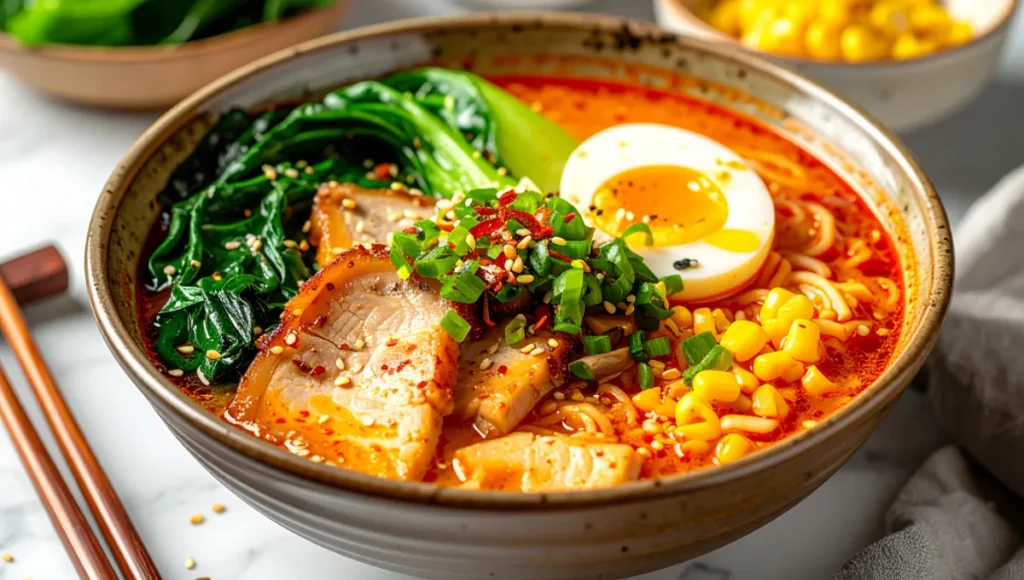Handwritten Korean recipe book on a white marble countertop, surrounded by spices, garlic, and ginger.