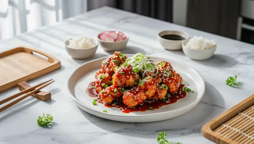 Glossy yangnyeom chicken plated with sesame seeds, green onions, rice, and pickles in bright modern kitchen