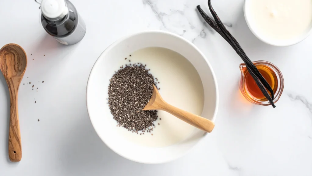 Mixing chia seeds into almond milk base in white bowl with vanilla and maple syrup, step-by-step chia pudding preparation