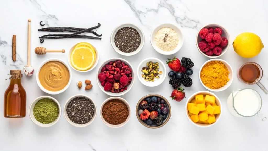 Flat lay of ingredients for colorful chia pudding variations including chia seeds cocoa matcha turmeric peanut butter fresh fruits on marble countertop