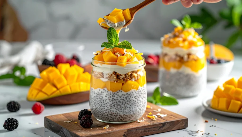 Layering creamy chia pudding with tropical mango and coconut toppings in clear jar, close-up assembly process for vibrant healthy breakfast