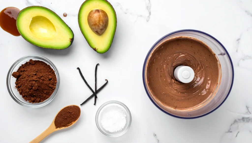 Overhead view of blending avocado, cocoa, and maple syrup into chocolate mousse in a food processor, gluten-free dairy-free step