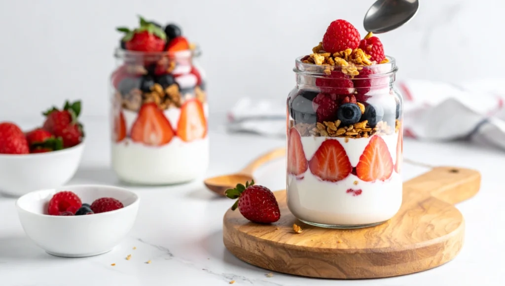 Layering coconut yogurt, granola, and fresh berries in a glass for dairy-free parfait, gluten-free dessert assembly