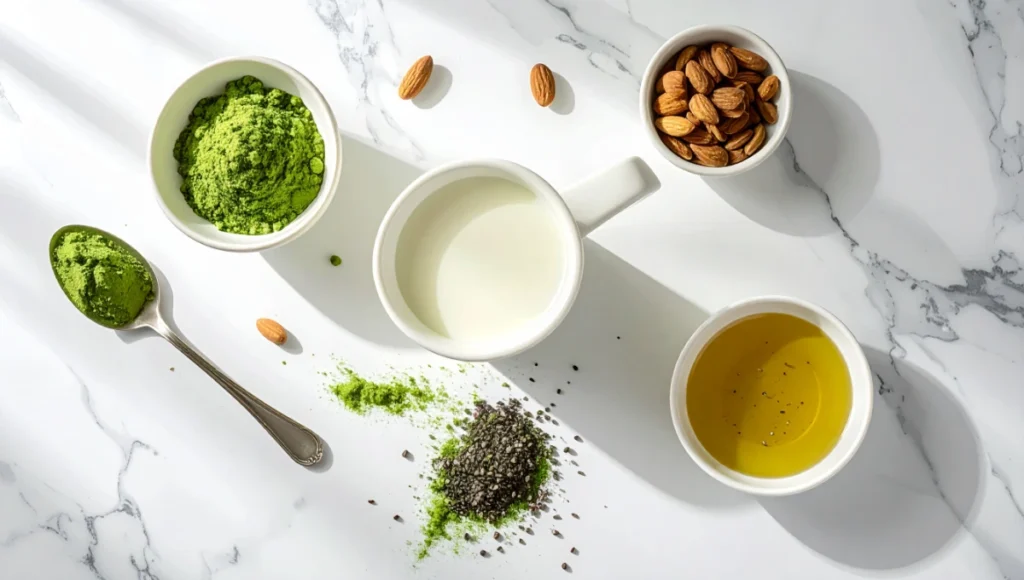 Flat lay of ingredients for matcha chia pudding including ceremonial matcha powder, chia seeds, almond milk, and maple syrup on white marble