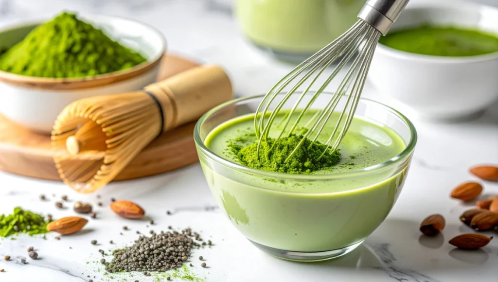Whisking matcha-infused almond milk with chia seeds in a glass bowl during preparation on marble countertop
