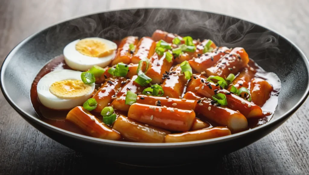 Close-up of authentic Korean tteokbokki with glossy gochujang sauce, fish cakes, boiled egg, sesame seeds, and scallions