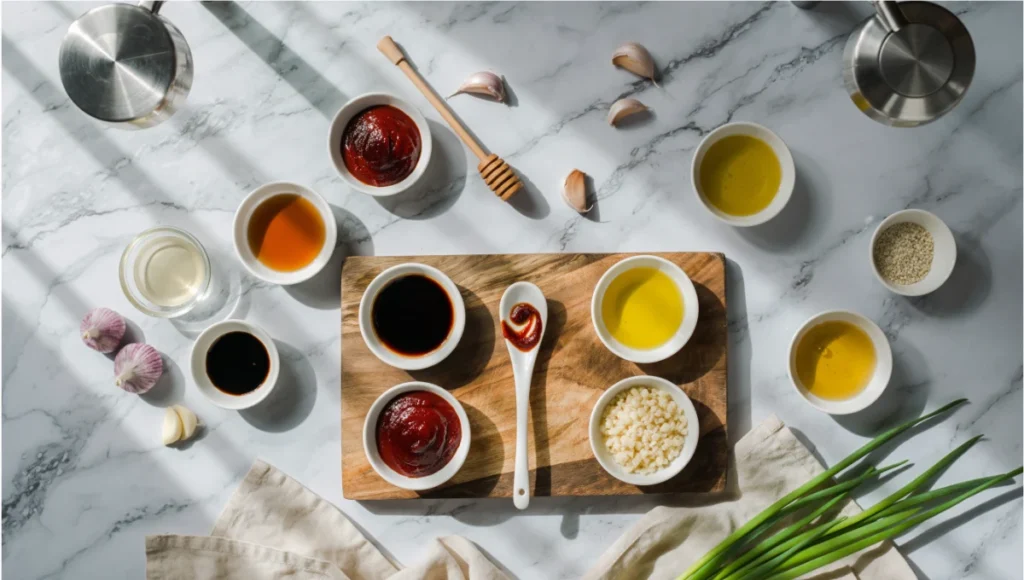 Yangnyeom marinade ingredients for smoked gochujang chicken drumsticks arranged on white marble countertop