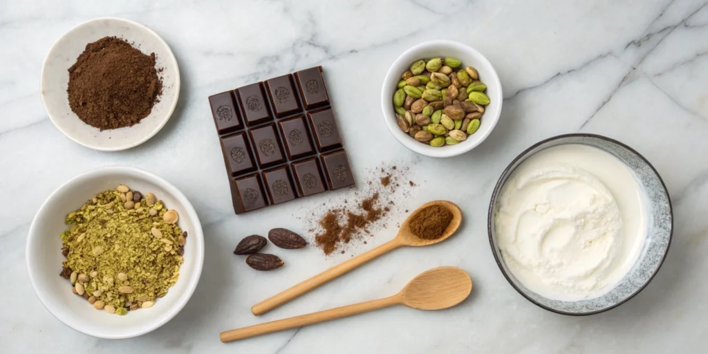 Ingredients for the Dubai chocolate bar, including dark chocolate, pistachios, Greek yogurt, and kunafa, laid out on a marble countertop with wooden utensils.