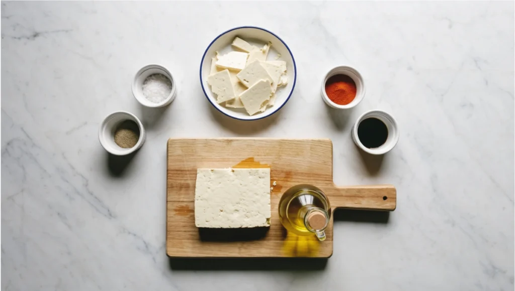 Neatly arranged ingredients for crispy air fryer tofu croutons including firm tofu, olive oil, garlic powder, and seasonings on white marble
