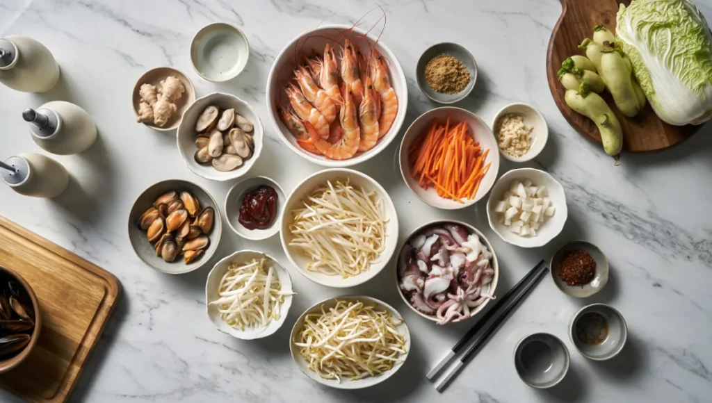 Fresh seafood and vegetables neatly arranged for making Haemul Jeongol Korean seafood hot pot, including shrimp, clams, squid, fish, napa cabbage, and radish