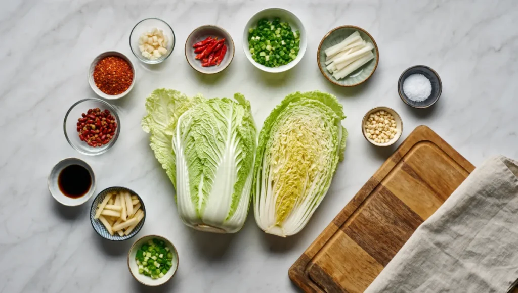 Fresh ingredients for easy homemade kimchi arranged on white marble countertop including Napa cabbage, gochugaru, garlic, and daikon