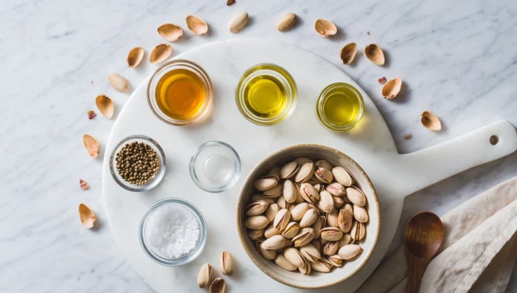 Flat lay of ingredients for easy homemade pistachio butter including roasted pistachios honey and vanilla on marble kitchen counter