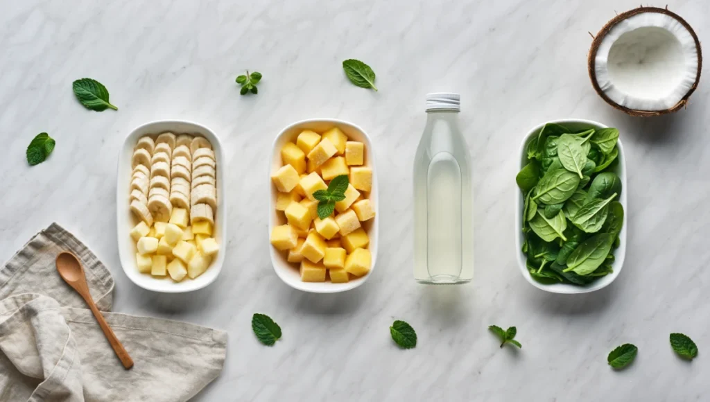 Flat lay of fresh ingredients for Island Green Smoothie: banana, pineapple, mango, spinach, and coconut water on white marble