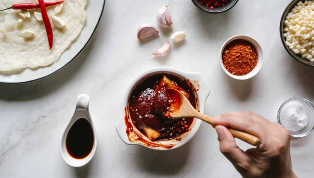 Preparing spicy tteokbokki sauce with gochujang, soy sauce, garlic, and sugar in white bowl