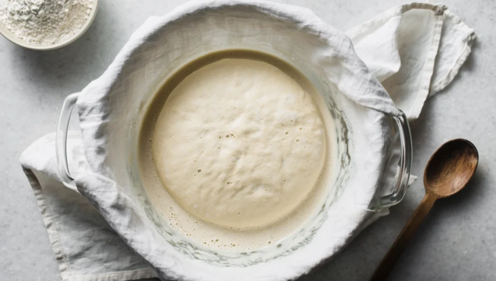 Risen yeast dough for homemade hotteok in glass bowl on marble counter