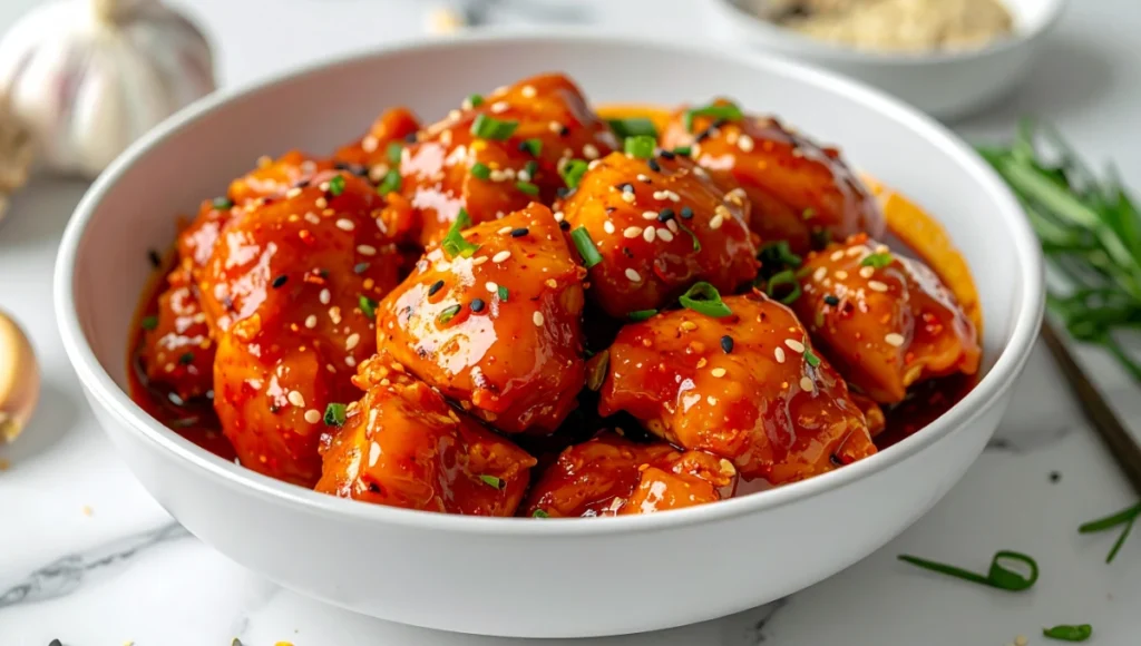 Marinating chicken thighs in vibrant gochujang sauce for dakgalbi wraps