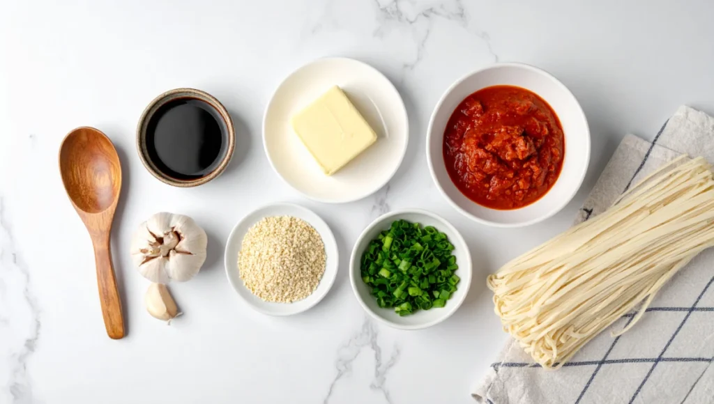 Flat lay of ingredients for easy butter gochujang noodles including gochujang paste, butter, garlic, and udon on marble countertop