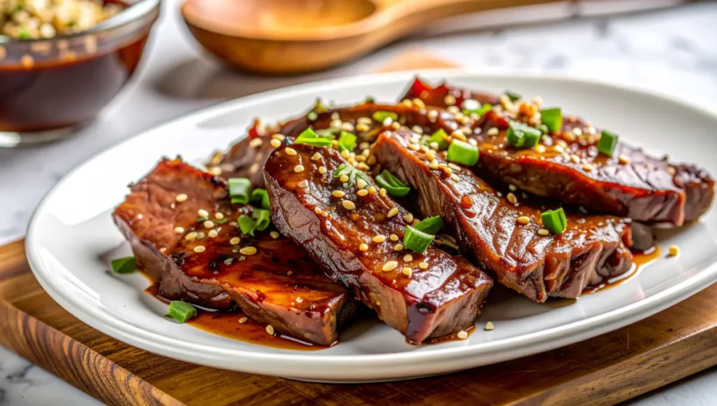 Close-up of glossy caramelized bulgogi beef slices with perfect sear and marinade shine
