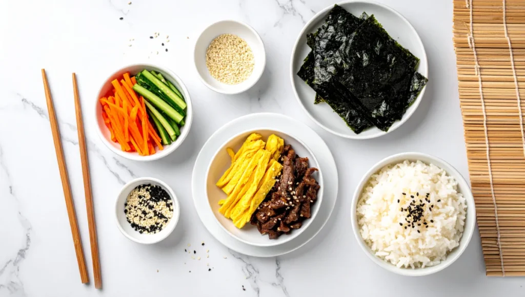 Overhead flat lay of fresh prepped kimbap ingredients including carrots, cucumber, egg, pickled radish, crab sticks, and rice on marble countertop