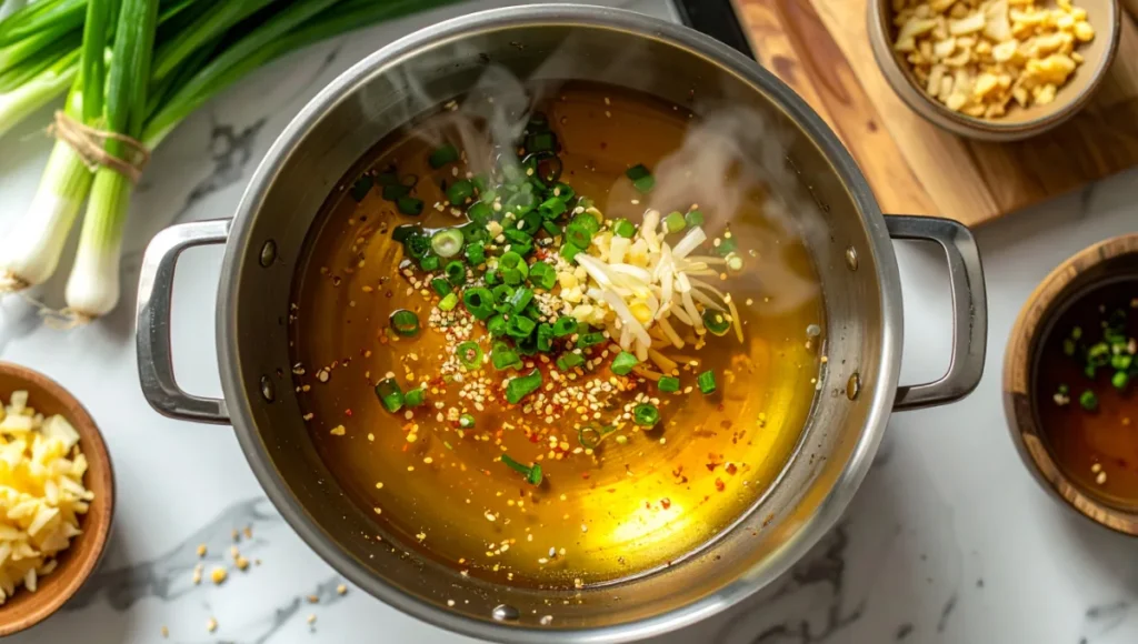 Sautéing garlic, ginger, and scallions in sesame oil for spicy ramen broth base, overhead kitchen view