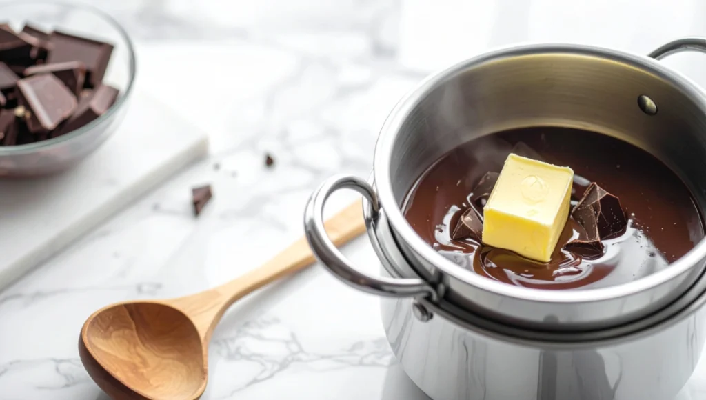 Melting dark chocolate and butter for gluten-free flourless cake preparation