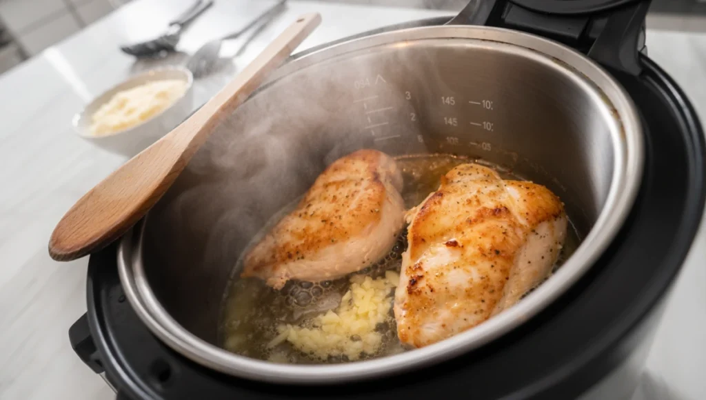 Searing chicken breasts and garlic in butter inside Instant Pot for easy Chicken Alfredo recipe