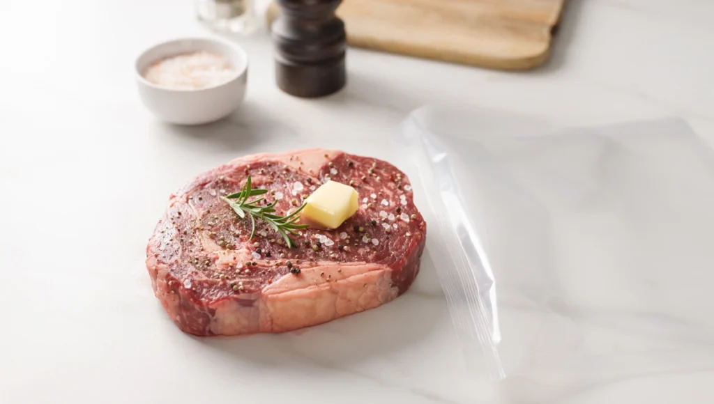 Raw sirloin steak seasoned with salt pepper and garlic ready for sous vide bag with butter and fresh herbs