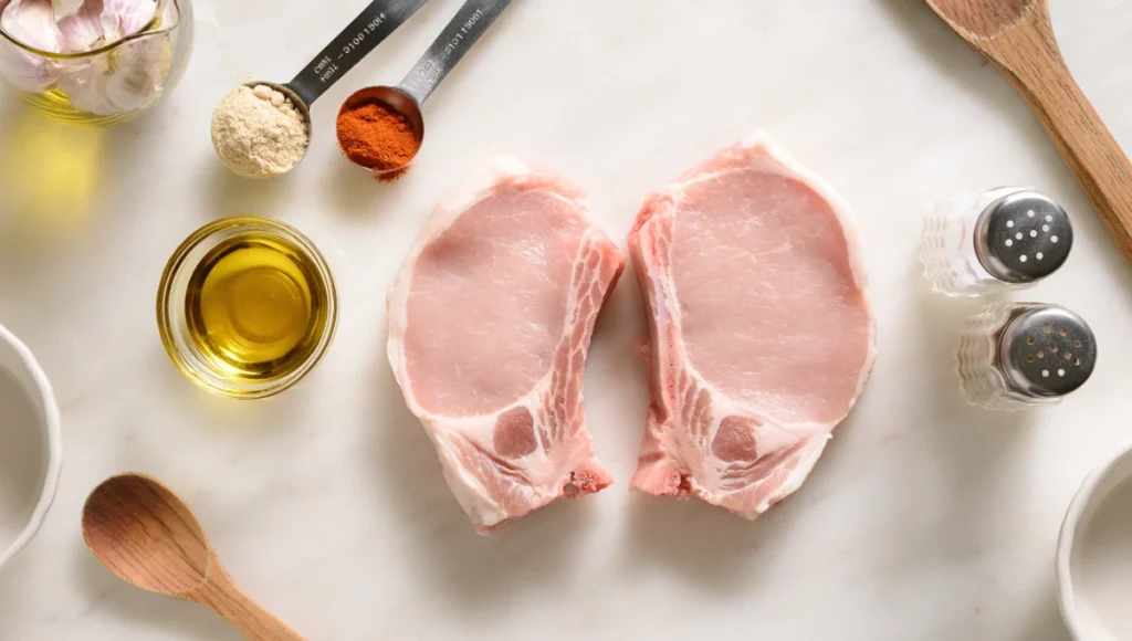 Overhead flat lay of raw thin bone-in pork chops and seasoning ingredients on marble countertop