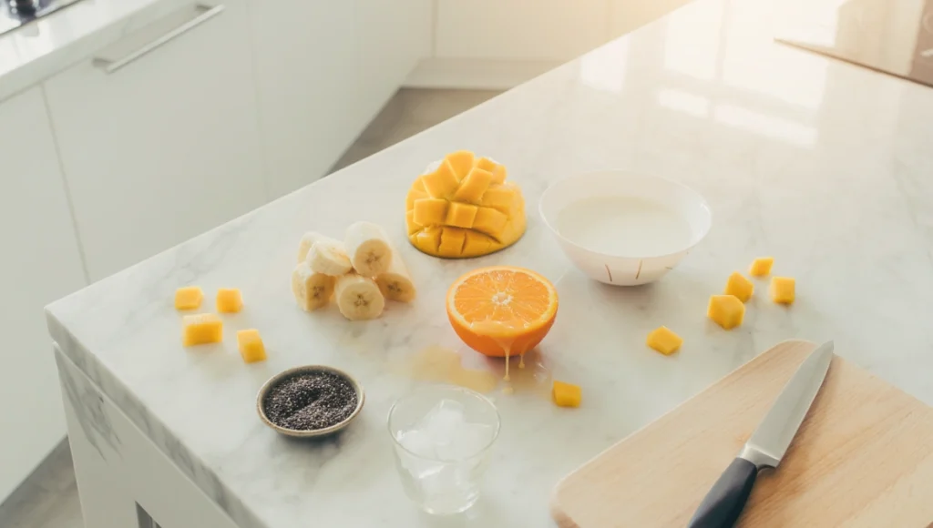 Flat lay of fresh ingredients for mango smoothie including ripe mango, banana, coconut milk, orange, and chia seeds on marble kitchen counter