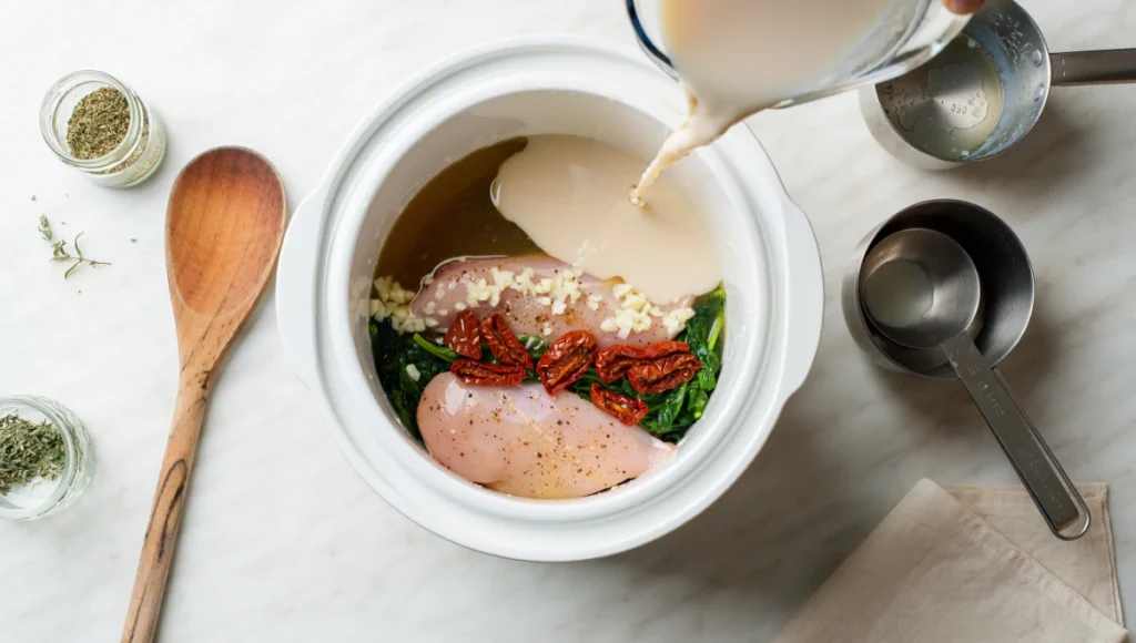 Overhead view of assembling Tuscan chicken ingredients in slow cooker: seasoned chicken breasts topped with garlic, sun-dried tomatoes, spinach, cream, and broth