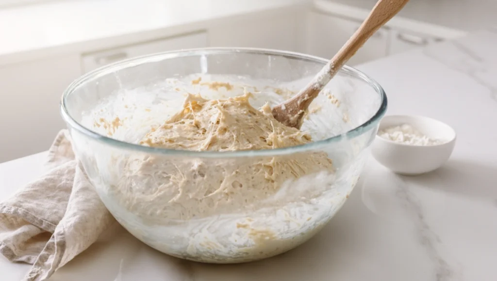 Shaggy sticky no-knead dough in mixing bowl after combining ingredients for Dutch oven bread