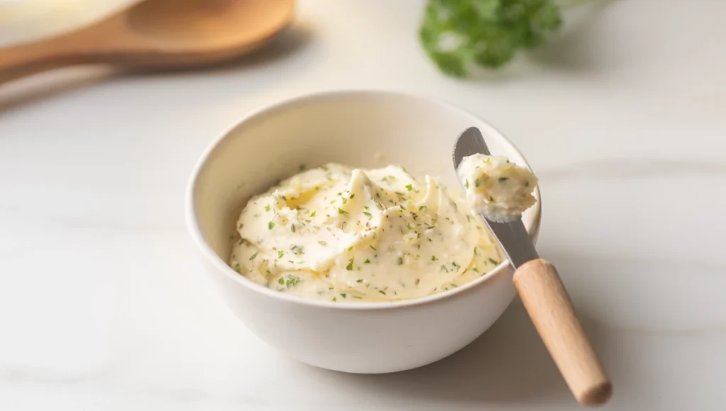 Freshly mixed garlic butter spread in a white bowl with minced garlic and herbs