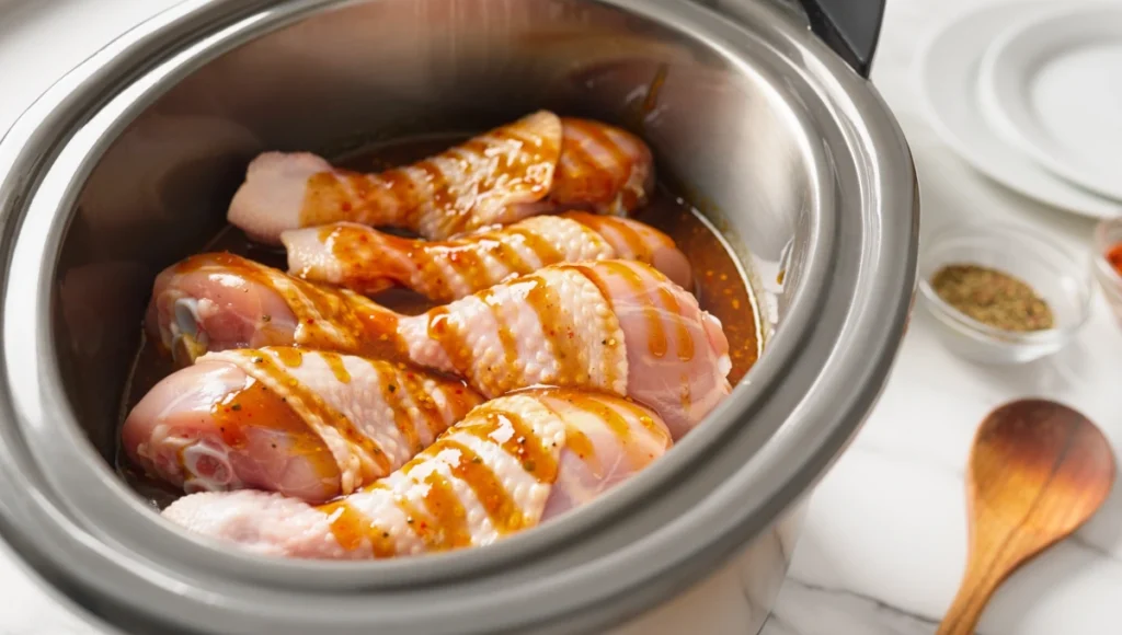 Sweet and smoky BBQ sauce coating raw chicken drumsticks in crockpot, easy slow cooker preparation step