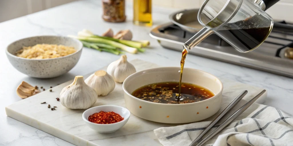 Close-up of anchovy broth with garlic, gochugaru, and soy sauce being added on a white marble kitchen countertop.