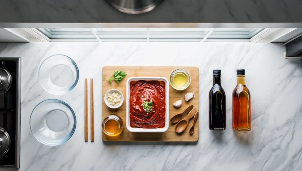 Yangnyeom sauce ingredients including gochujang, garlic, honey, and soy sauce laid out on marble countertop
