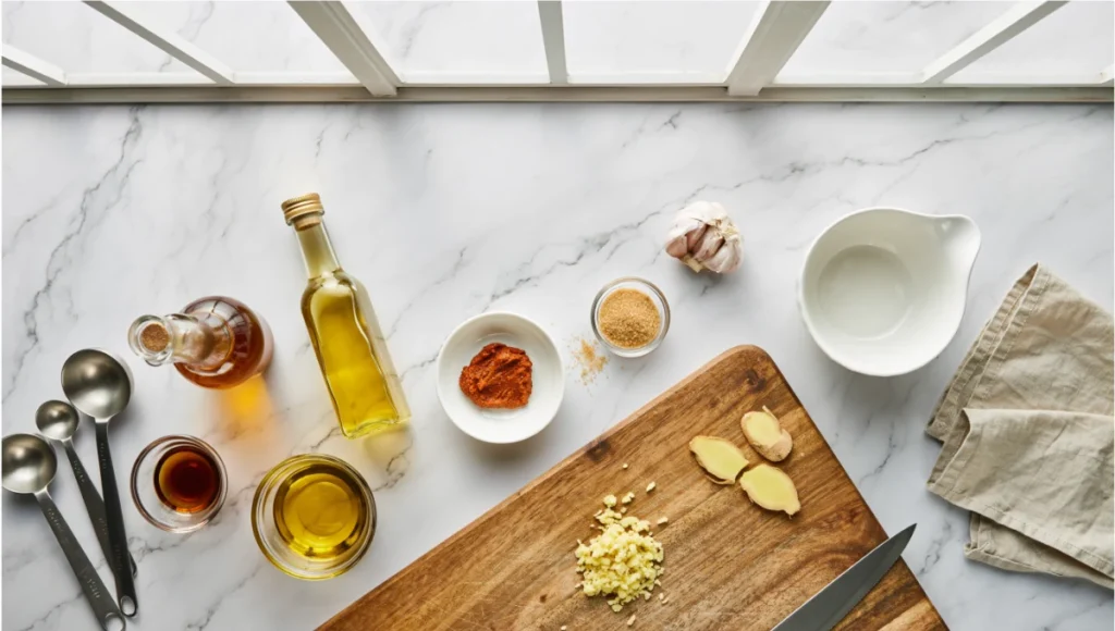 Fresh ingredients for Bibibop chicken marinade including soy sauce garlic ginger and gochujang on marble counter