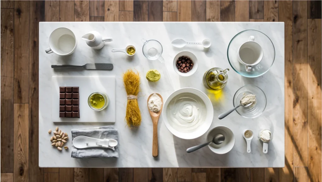 Overhead flat lay of healthier Dubai chocolate bar ingredients including dark chocolate pistachio butter and kunafa