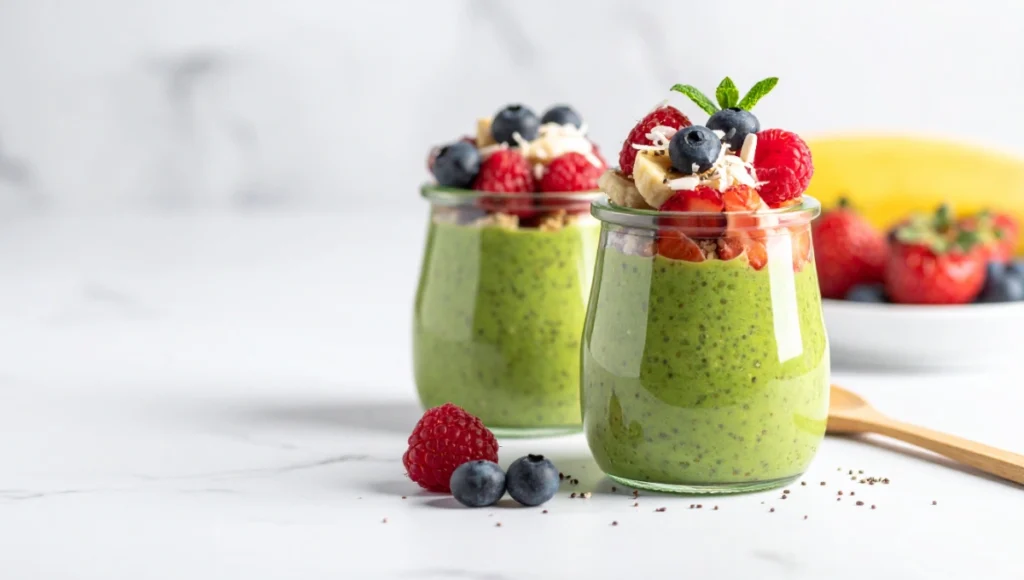 Finished matcha chia pudding jars topped with mixed fresh berries, banana, and coconut flakes, styled on white marble kitchen counter