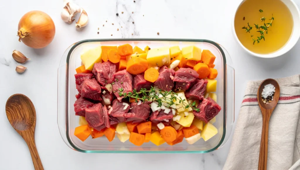 Overhead flat lay of layered crock-pot ingredients including root vegetables, beef, garlic, and thyme on white marble countertop for gluten-free slow cooking