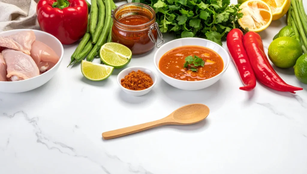 Fresh colorful ingredients for Thai coconut chicken curry arranged on marble counter: bell peppers, green beans, lime, coconut milk, and chicken thighs