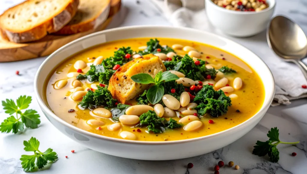 Plated gluten-free Tuscan white bean and kale soup in ceramic bowl with olive oil drizzle, fresh herbs, and cracked pepper for a comforting meal