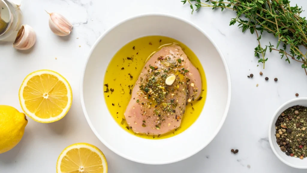 Fresh lemon herb marinade coating raw chicken breasts in a white bowl, ready for grilling