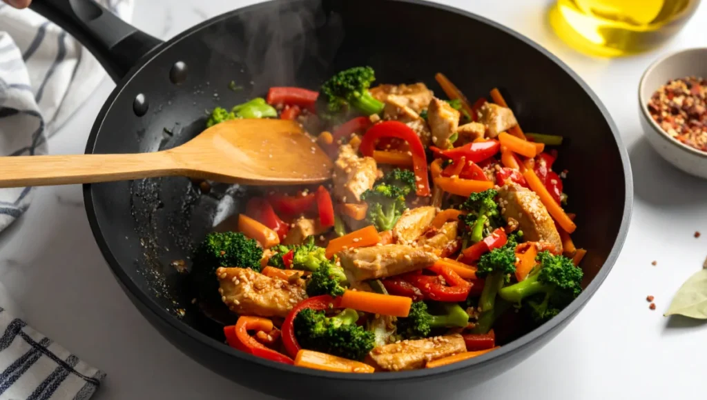 Vibrant healthy chicken stir-fry with colorful bell peppers, broccoli, and carrots in a sizzling wok