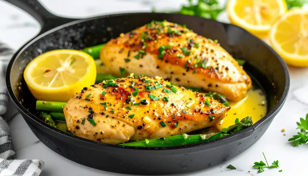 One-pan garlic butter chicken with tender asparagus and lemon in a skillet, golden and appetizing