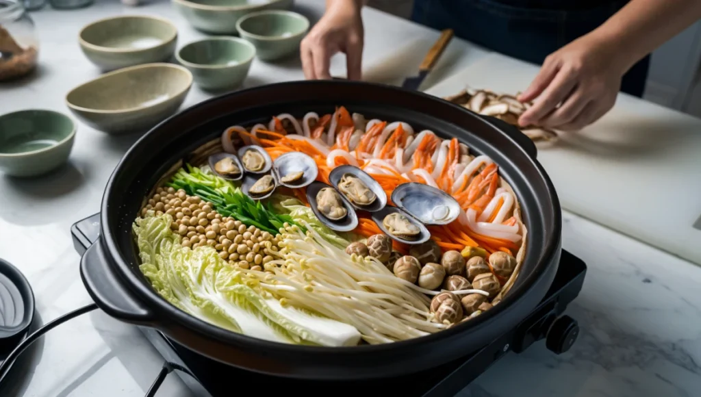 Layering fresh vegetables and seafood in pot for Haemul Jeongol, showing napa cabbage base topped with sprouts, mushrooms, shrimp, clams, and fish