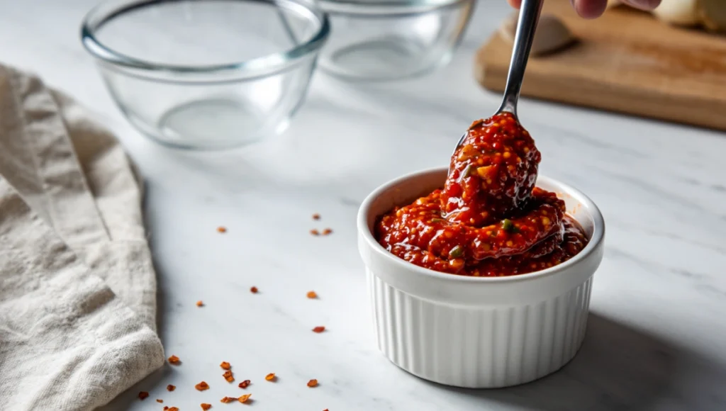 Close-up of vibrant red kimchi paste made with gochugaru, garlic, and ginger in a white bowl