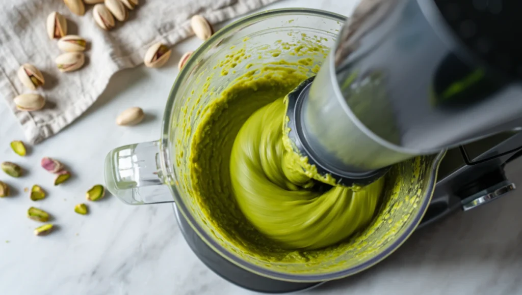 Food processor blending smooth vibrant green pistachio butter with rich nutty texture in bright kitchen